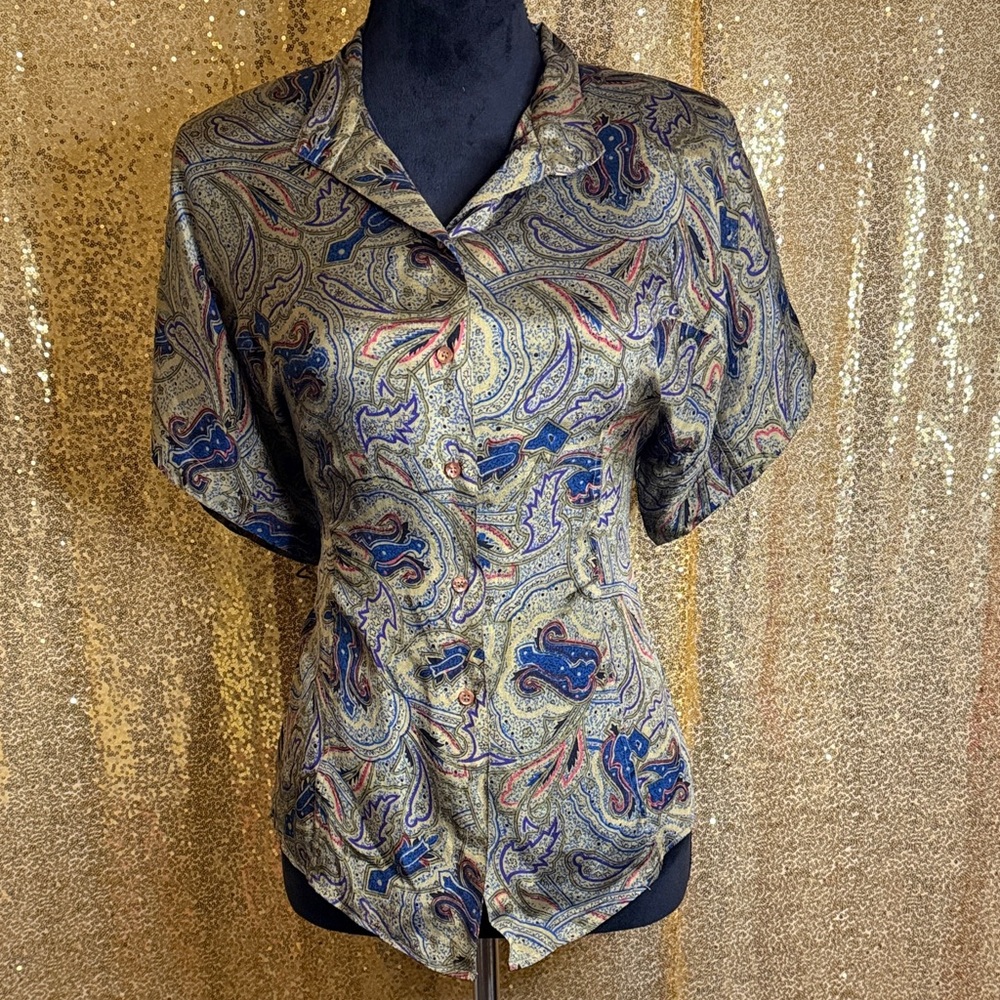 Elegant Paisley Button-Down Shirt in Blue and green 100% SILK!! - Picture 1 of 9